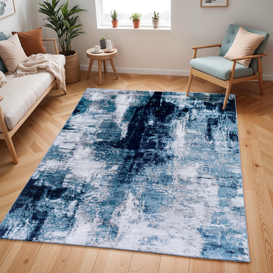 Wanderlust Abstract Marble Rug Blue & Ink Blue - TheArtistsQuarter