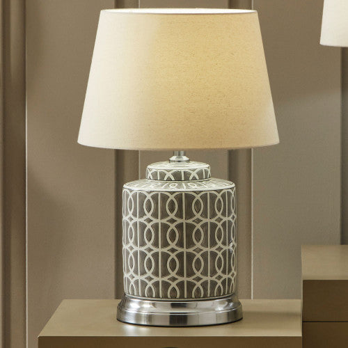 Aris Grey and White Geo Pattern Table Lamp - TheArtistsQuarter