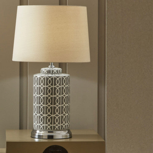 Aris Tall Grey and White Geo Pattern Table Lamp - TheArtistsQuarter