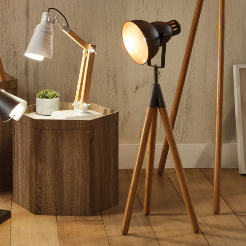 Larkin Grey Metal and Natural Wood Tripod Film Table Lamp - TheArtistsQuarter