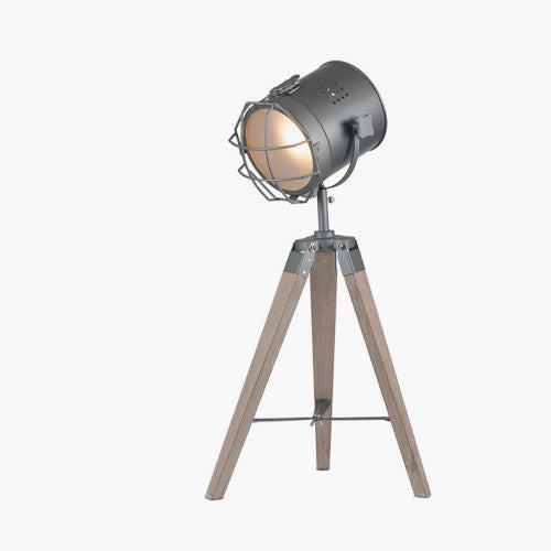 Bullseye Grey Metal and Antique Wood Marine Tripod Table Lamp - TheArtistsQuarter