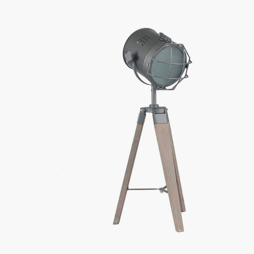 Bullseye Grey Metal and Antique Wood Marine Tripod Table Lamp - TheArtistsQuarter