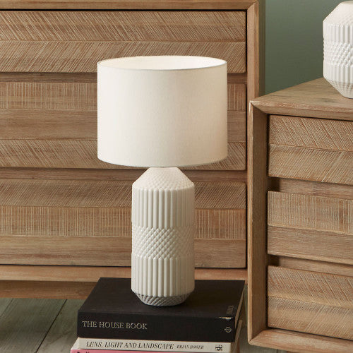 Meribel White Geo Textured Tall Ceramic Table Lamp - TheArtistsQuarter