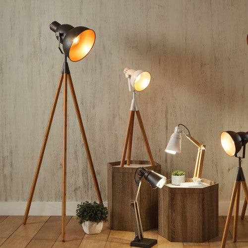 Larkin Grey Metal and Natural Wood Tripod Floor Film Light - TheArtistsQuarter